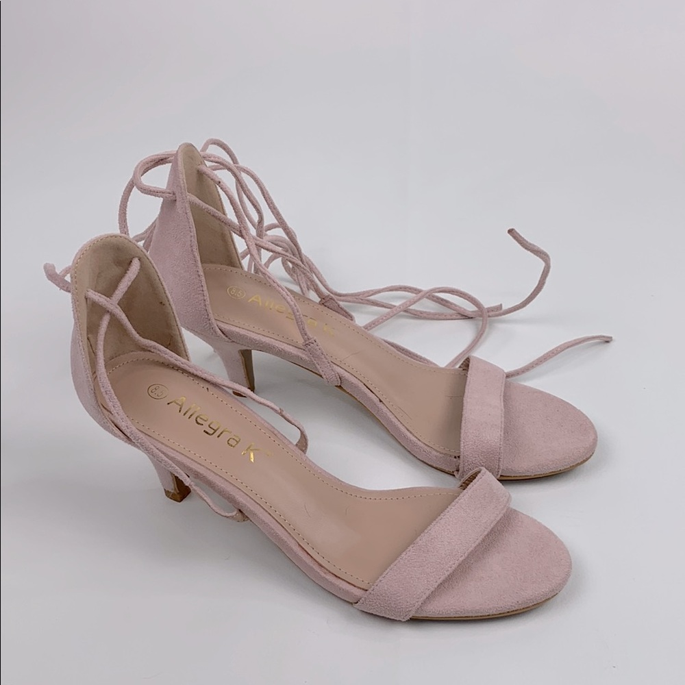 Allegra light Pink Suede Heels Ankle leg lace up Size 8.5 Open toe New